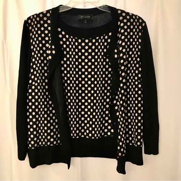 St John knit cardigan & shell twinset L XL black white polka dots - Picture 2 of 10